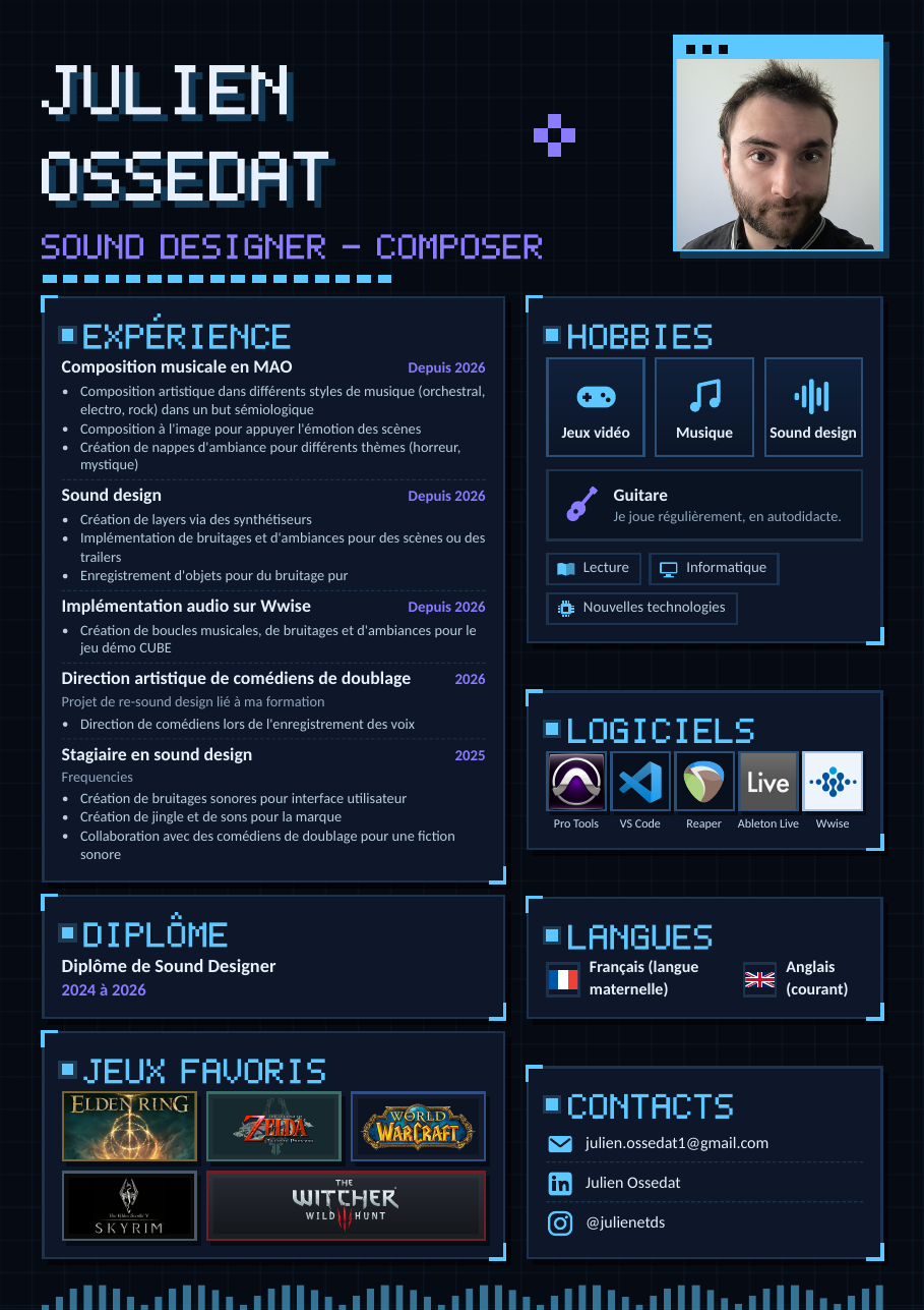 Aperçu du CV de Julien Ossedat, sound designer et compositeur